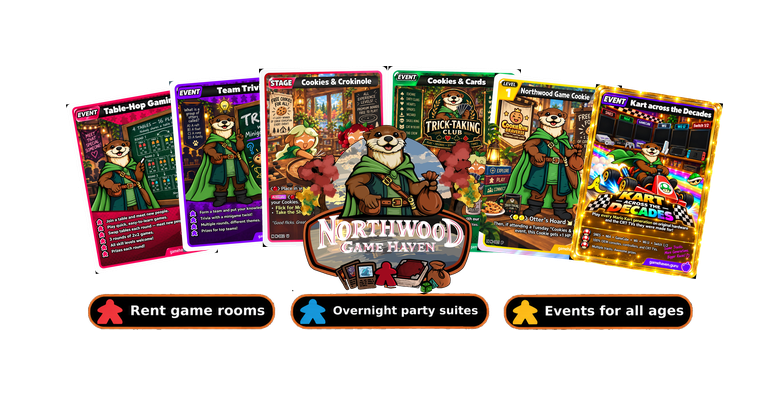 Northwood Game Haven event cards: Table-Hop Gaming, Team Trivia, Cookies & Crokinole, Cookies & Cards, Northwood Game Cookie, Kart across the Decades